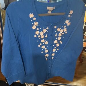 Charter Club button up blue floral sweater size large 22 pit to pit 23/24 long
